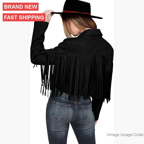 Jackets & Blazers - Faux Suede Cropped Motorcycle Jacket with Fringe Tassel Design